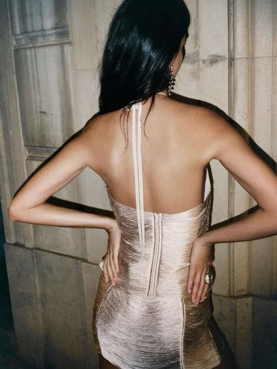 Zara Sleeveless Fringe Shimmer Halter Top in Champagne Pink - Picture 3 of 7